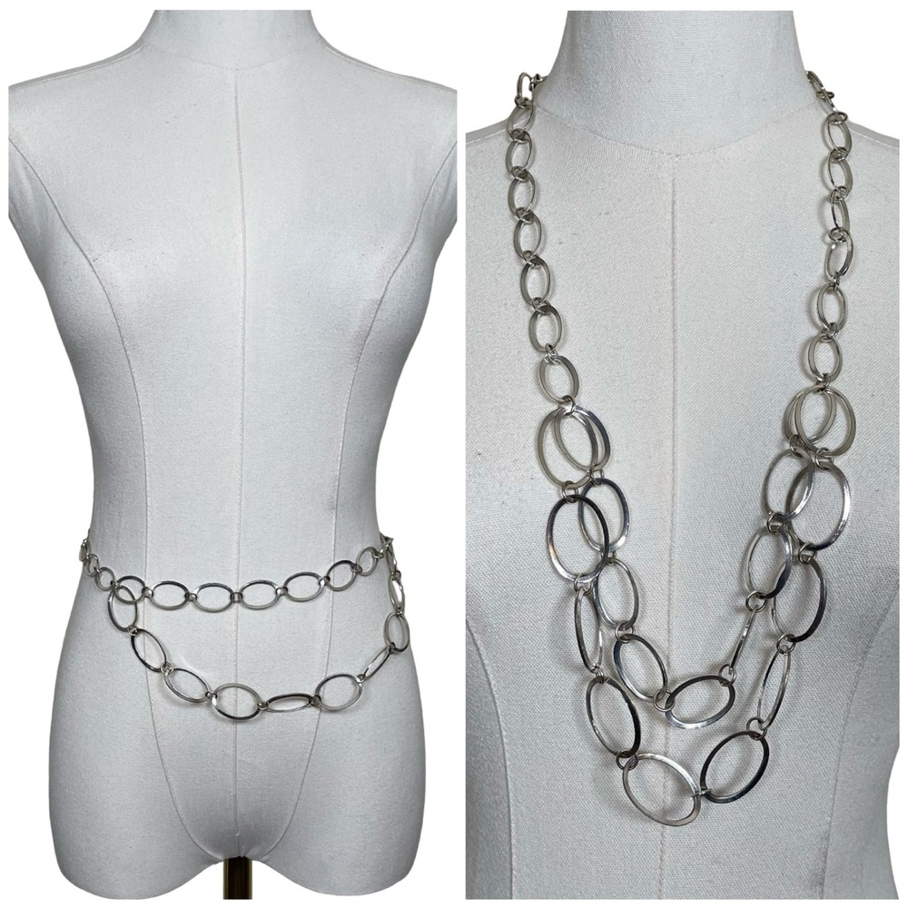 Vintage Silver Tone Oval Open Link Layered Chain Belt Necklace Y2K Boho Chic